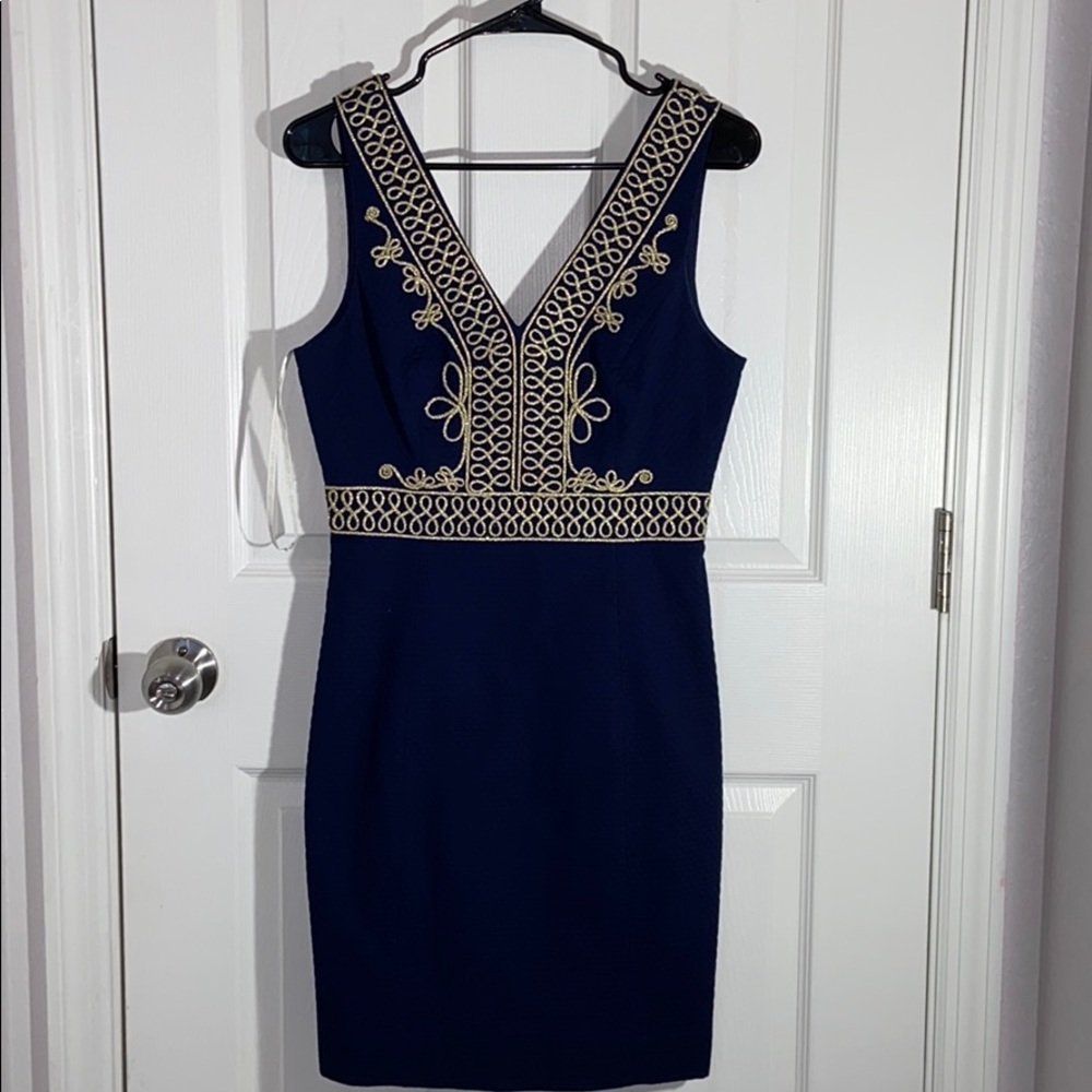 Lily Pulitzer - gold v cut , Navy blue dress